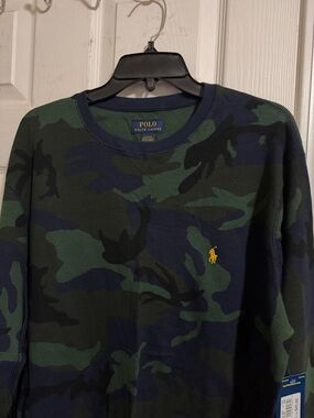 Polo by Ralph Lauren Green and Navy Camo Long-Sleeve Polo Shirt with Yellow Pony